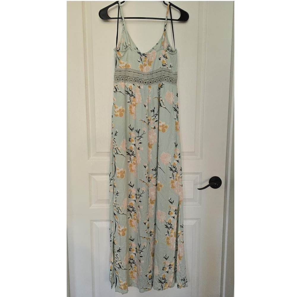 Floral Maxi Dress Mint Green Crochet Lace Waist Boho Sundress